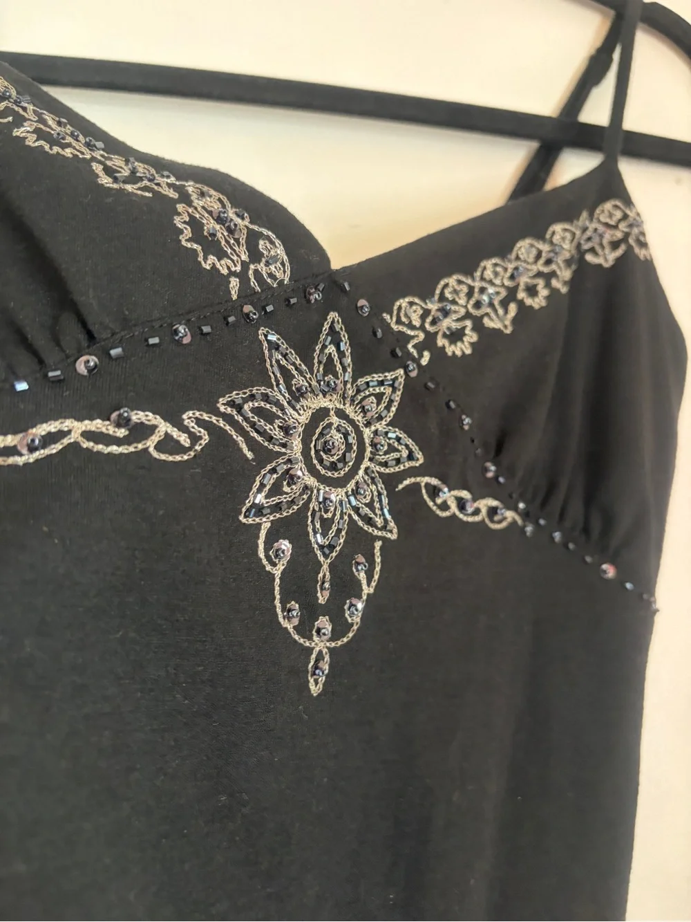 Vintage Y2K Black Linen Tank with Silver beaded and embroidered medallion design - Picture 3 of 14
